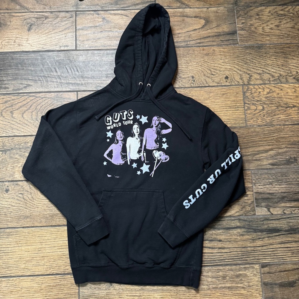 Olivia Rodrigo GUTS World Tour 2024 Hoodie Black Spill Ur Guts Sleeve Small